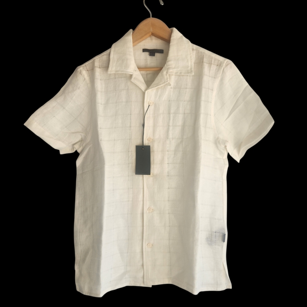John Varvatos Danny Camp Shirt Linen Blend Ivory Windowpane Plaid Size Small